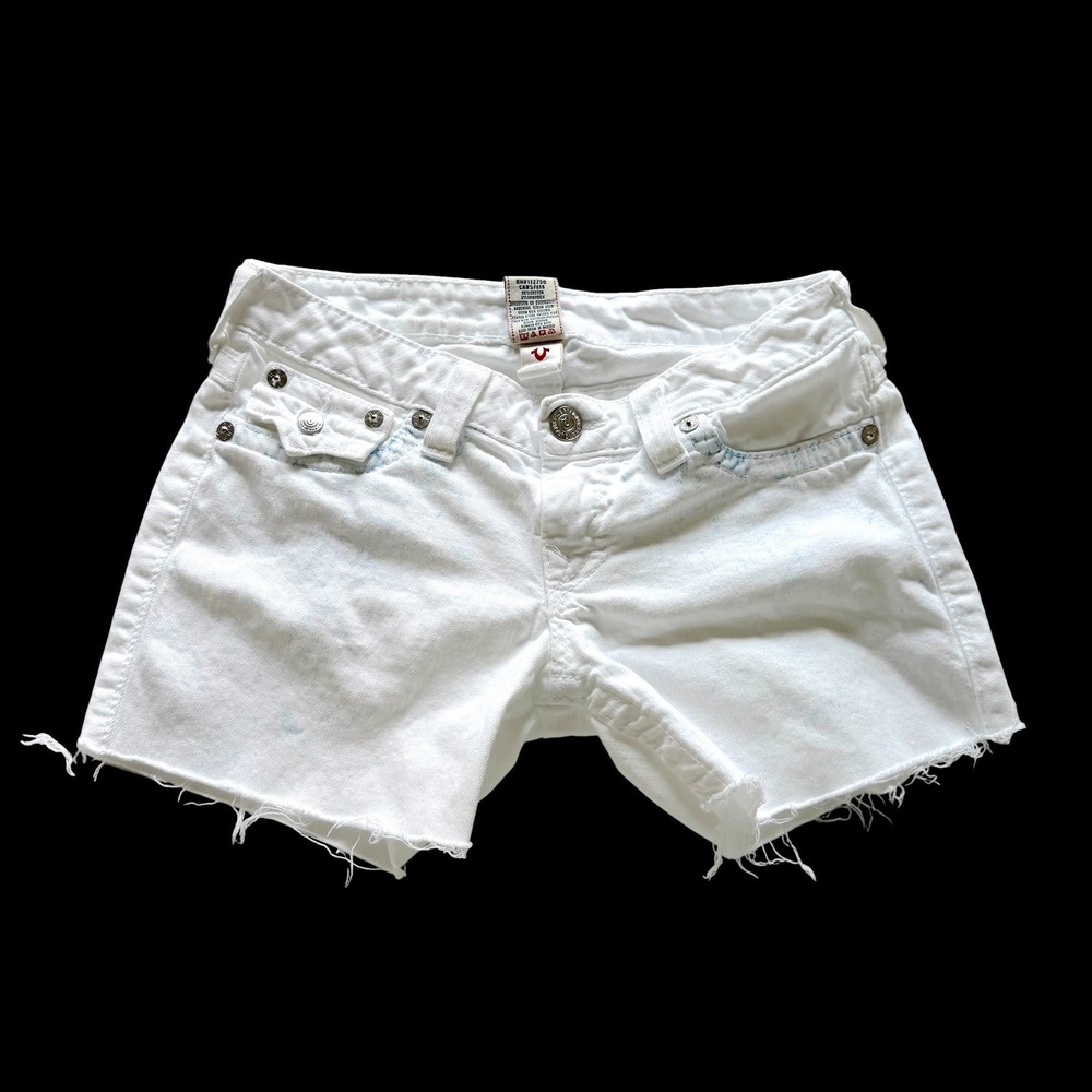 Y2K True Religion White Denim Cutoff Shorts Low Rise Skinny Section Size 28